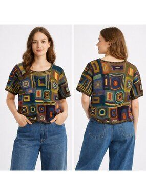 Vintage Peruvian Connection Granny Square Crochet Top 100% Pima Cotton
